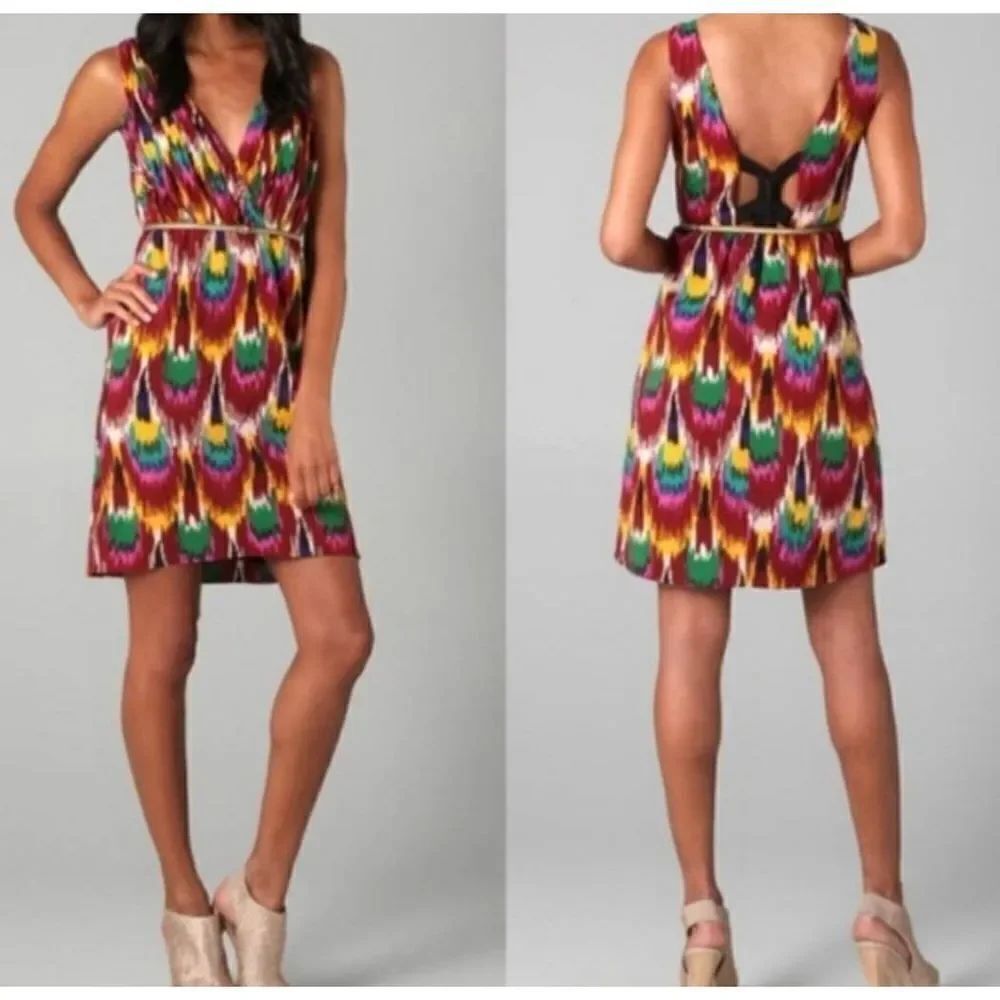 Alice + Olivia Alameda Ikat Peacock Dress V Neck Mini Dress
